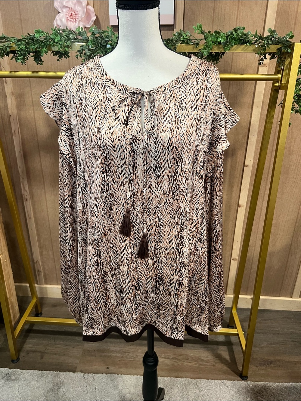 Patterned Ruffle-Sleeve Blouse